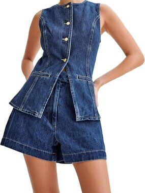 Denim Set for Women 2 Piece - Button Down Vest and Shorts Y2K Blazer Shorts